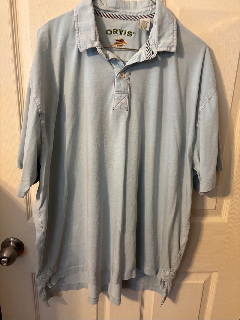 Orvis Light Blue Cotton Polo Shirt has small holes as shown in pic